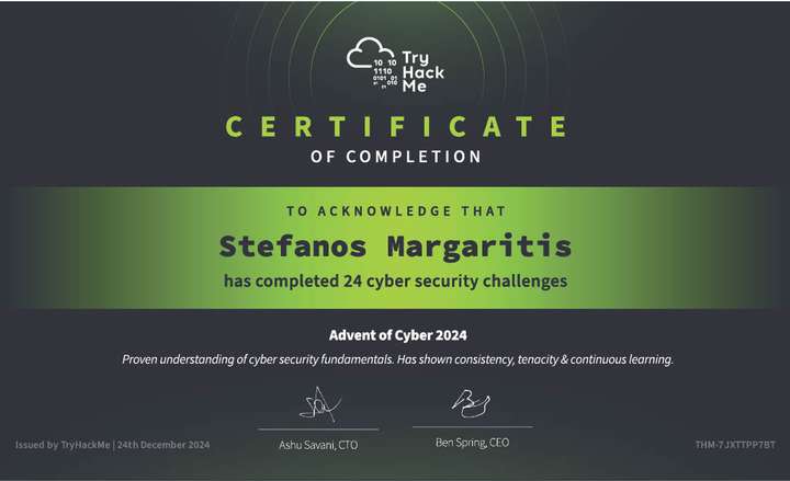 Image of a certificate given to me by TryHackMe proving my knowledge of Cybersecurity fundementals.
