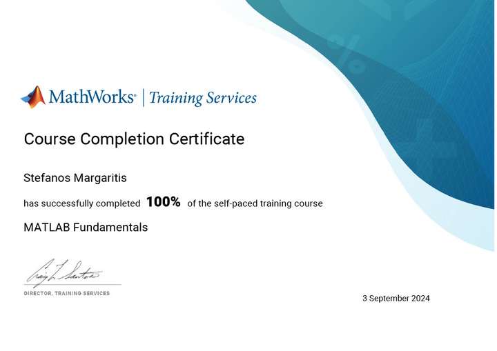 Image of a certificate given to me by Matlab for completing the Matlab Fundamentals Course.
